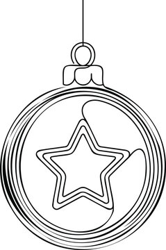 Single continuous line of a round christmas bauble ornament with a star shape inside, isolated on a white background