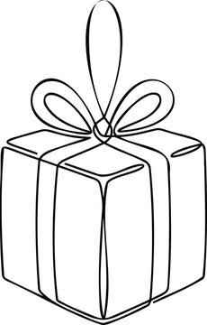 Single continuous line of a square christmas gift box tied with a decorative ribbon and a large bow, isolated on a white background