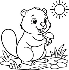 Fototapeta premium Cute cartoon beaver holding a mushroom in a sunny forest