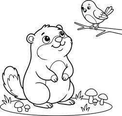 Obraz premium Cute cartoon groundhog looking at a little bird on a branch in a forest clearing with mushrooms