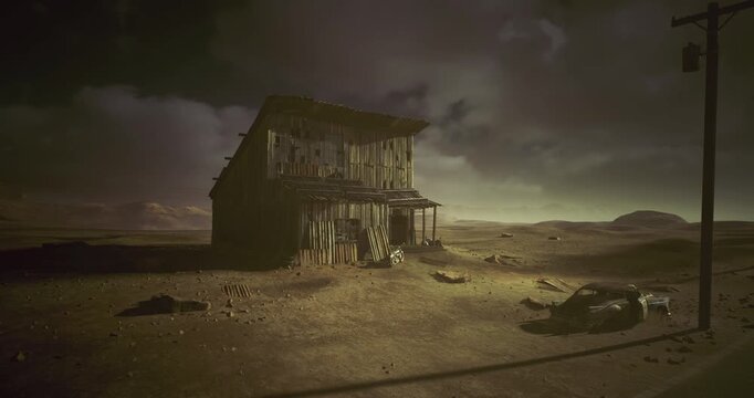 Derelict shack under brooding storm sky, motionless figure near leaning pole, forensic investigator photographing evidence, police tape and cordon fluttering,
