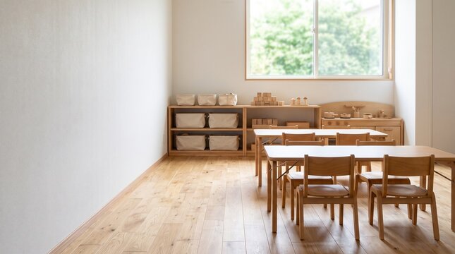 小さな椅子と木のおもちゃが並ぶ明るい保育室 無人の園舎のイメージ