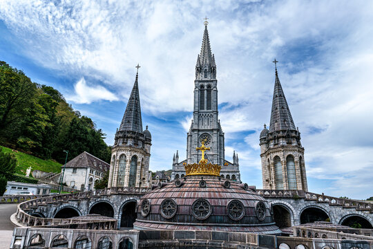View of the Basilica in the Sanctuary of Lourdes, France. Mayor pilgrimage spot for Catholics