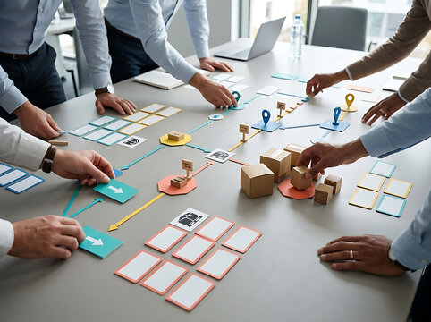 Professionals arranging logistics supply chain strategy on table during collaborative business meeting