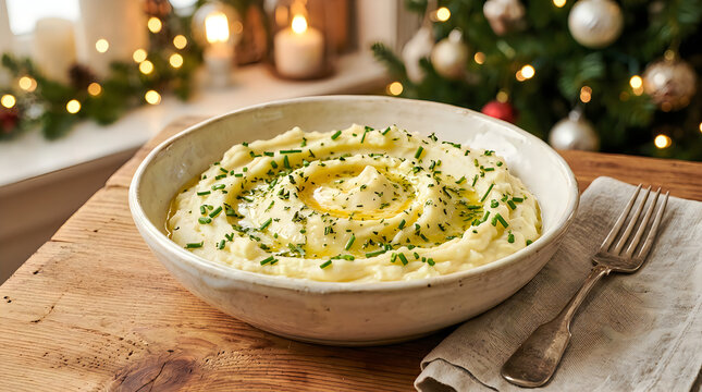 Creamy mashed potatoes topped with fresh chives and melted butter served in a rustic bowl at christmas