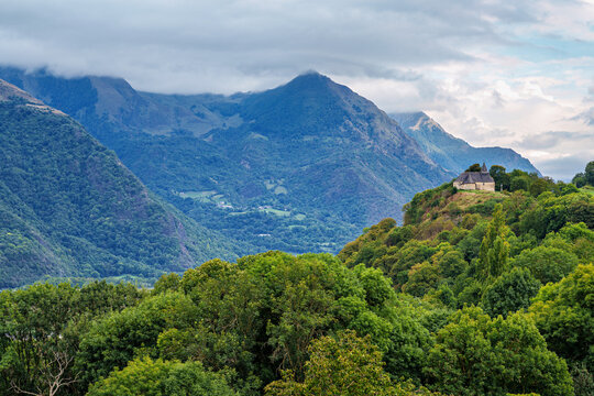 The village of Saint-Savin near Argeles-Gazost with the Pyrenees in the background in the French Pyrenees, France