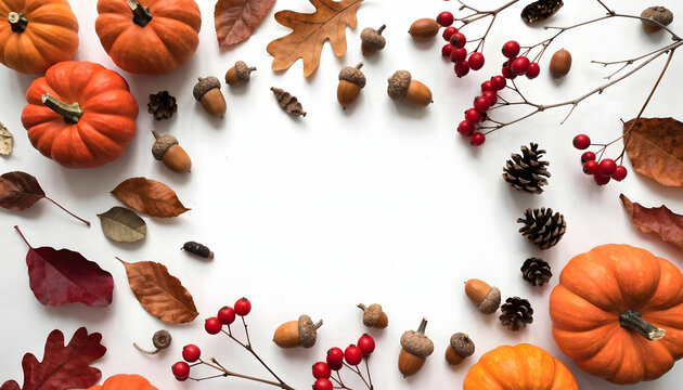 Autumn arrangement of pumpkins acorns leaves and berries on a white surface fall gourds oak