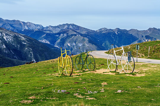 Huge bicycles in honor of the winners of the Tour de France Cycling race at the top of Col d'Aubisque in France