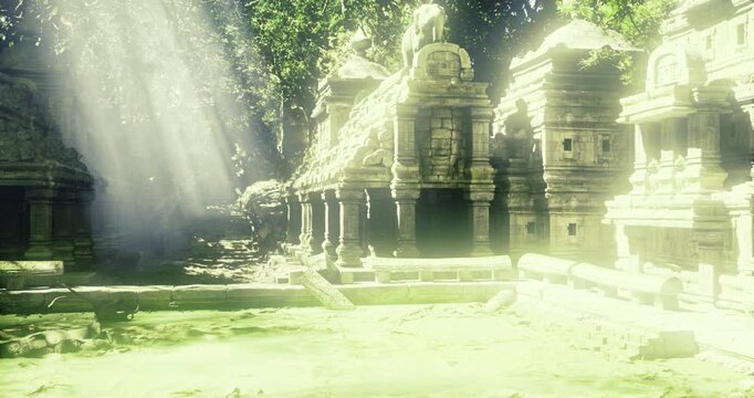 High angle sunlit temple complex revealing scale and layout, sweeping panorama with canopy edges and layered architecture, modern mapping potential for drone