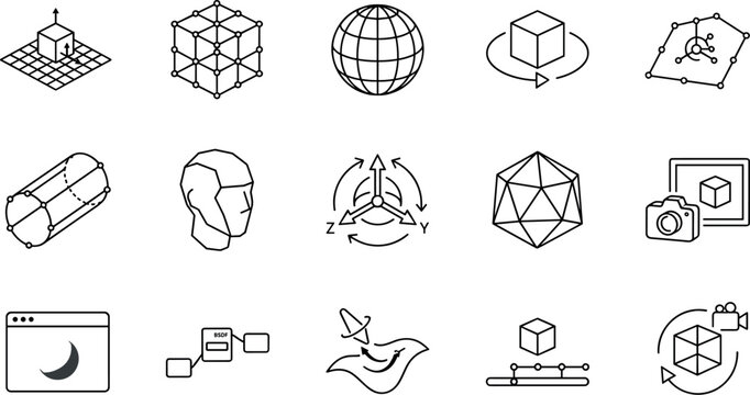 3D modeling vector icon set for digital software engineering and computer graphic design3D modeling vector icon set for digital software engineering and computer graphic design