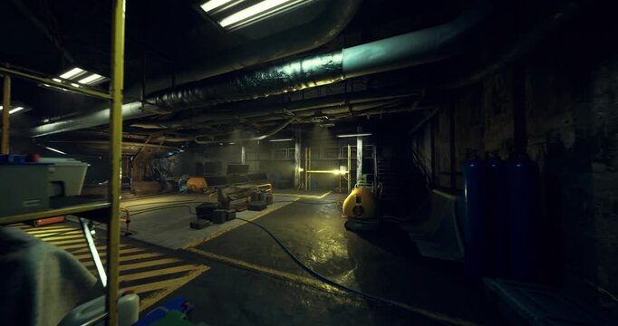 industrial assembly floor with overhead lights, bulky machinery, scattered tools, pallets and crates, safety railings and workstations, organized chaos