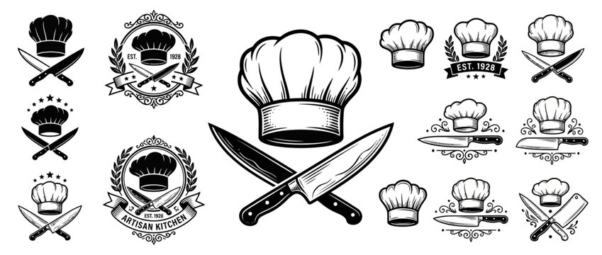 Culinary Chef Hat and Crossed Knives Emblem Set