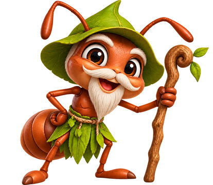 Cute elder ant sage wearing a leaf hat and natural costume, holding a wooden staff with a wise and cheerful expression, isolated on transparent background in 3D cartoon style.