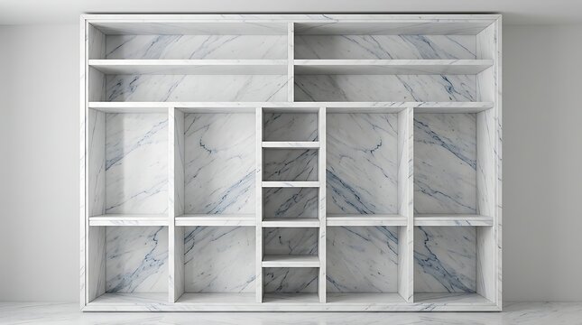 Modern empty white wooden shelving unit with marble texture interior against a plain light grey wall background