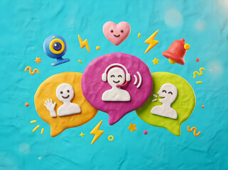 Fototapeta premium Cute Clay Style Customer Care Service and Social Media Chat Icons with Operator Headset, Speech Bubble and Web Camera