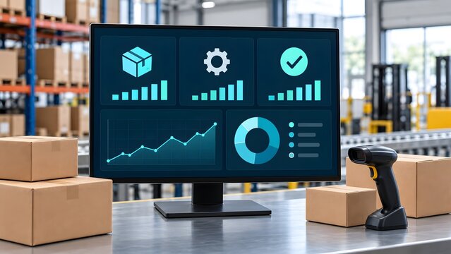 Industrial warehouse desk with barcode scanner and computer monitor displaying logistics management dashboard and inventory checkmark analytics