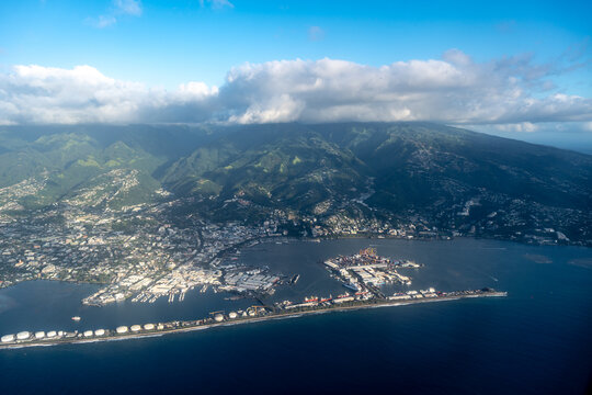Aerial view of Tahiti, Papeete, and the port, French Polynesia