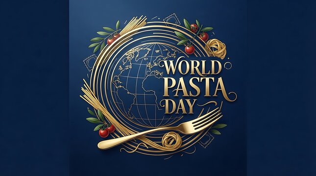World pasta day celebration graphic with golden spaghetti globe, fork, and fresh tomatoes on a dark blue background