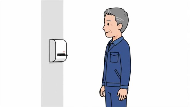 Middle Aged Man In Work Uniform Swiping ID Card At Security Terminal.