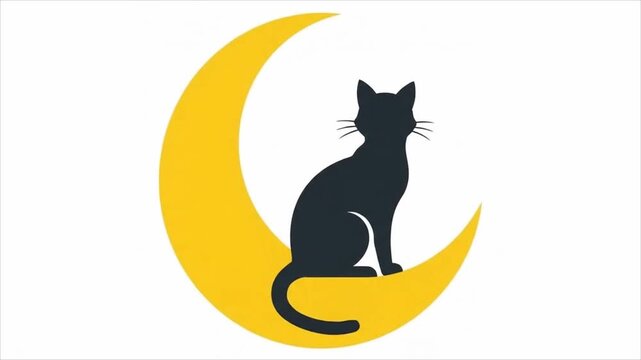 Minimalist graphic animation of a black cat sitting on a yellow crescent moon.
