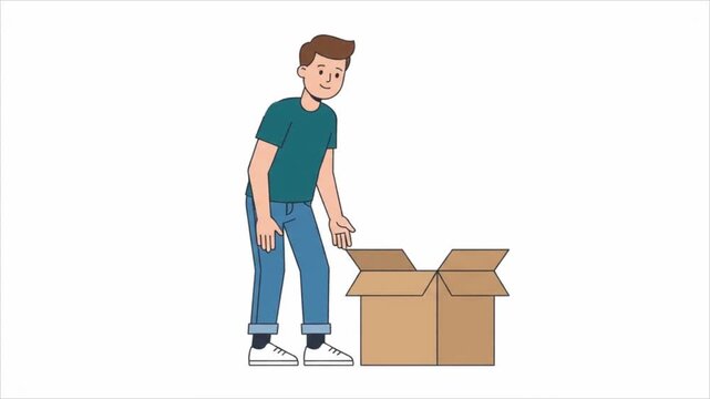 Young man packing books into a cardboard box for moving house.