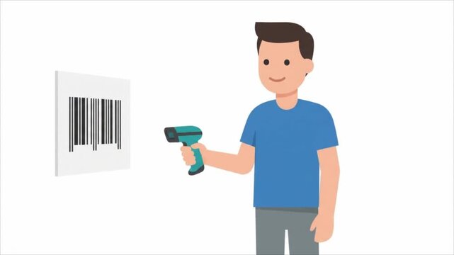 A young man using a handheld barcode scanner to scan a barcode label.