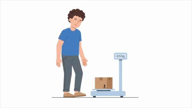 A young man places a cardboard box on a digital scale for shipping.