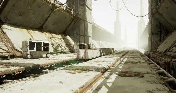 Abandoned service bay lined with crates and cables, scattered pallets and maintenance fixtures show long idle logistics zone with gritty textures and worn