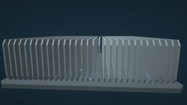 Blue airflow streamlines travel through narrow gaps between tall aluminum heat sink fins as a low camera rises to reveal the cooling structure in a fifteen second animation.