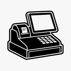 Fototapeta premium Elegant Black and White Line Drawing of a Modern Point of Sale Cash Register System with Touchscreen Display