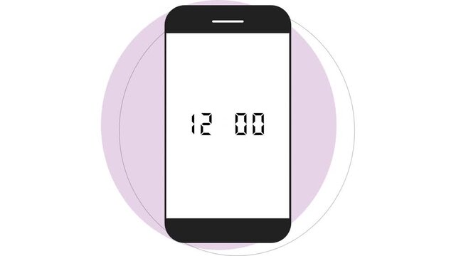 A digital clock on a pastel purple mobile phone displaying the time 12:00 against a white background.