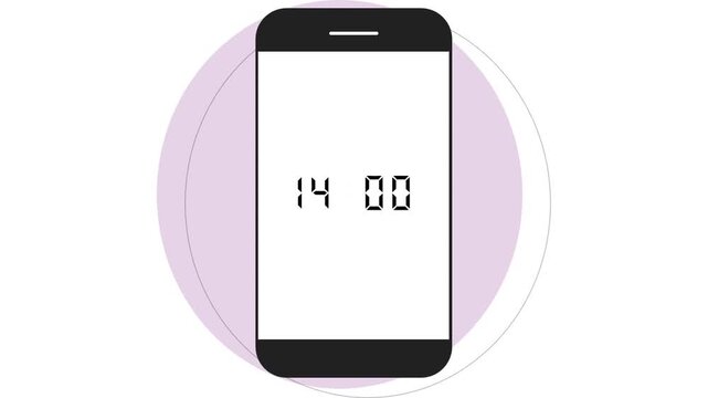 A digital clock on a pastel purple mobile phone displaying the time 14:00 against a white background.