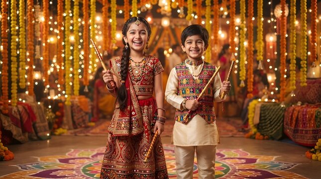Two children dressed in vibrant traditional Indian attire joyfully perform Garba with colorful dandiya sticks amid festive lights and decorations.
