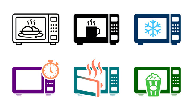 Microwave kitchen appliance icon set featuring various cooking functions and heating modes microwave appliance