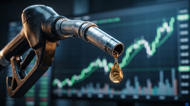 Gasoline nozzle dripping fuel in front of a rising oil market price chart