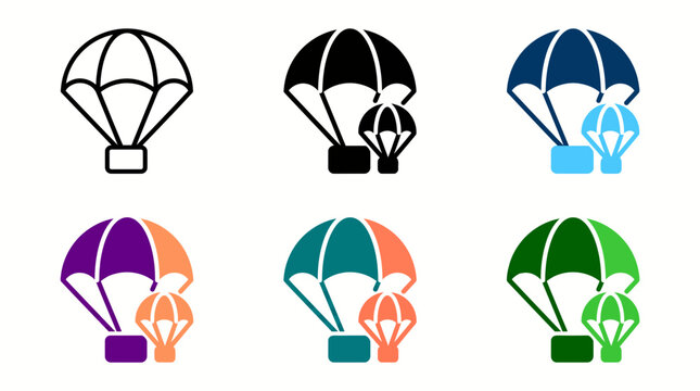 Parachute cargo delivery icon set for logistics and shipping with parachute delivery logistics shipping transport