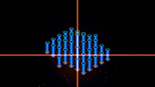 Abstract isometric blue pillars moving through orange laser grid lines