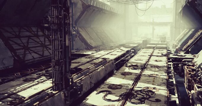 Backlit cargo alley with long shadows and high ceiling, dramatic light creates silhouettes along grating and catwalks, strong perspective draws eye to distant