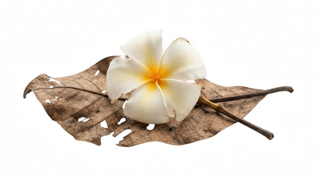 Delicate Plumeria blossom rests on a dried tropical leaf during soft studio lighting isolated on transparent background