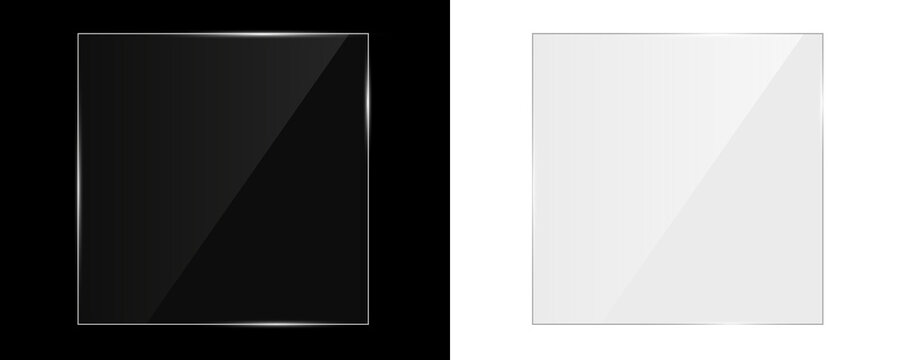 Shiny glass plate, square window with mirror effect, transparent shine glass with reflection light