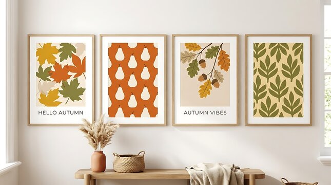 Four framed autumn themed posters hanging on a white wall above a wooden console table with prints with prints
