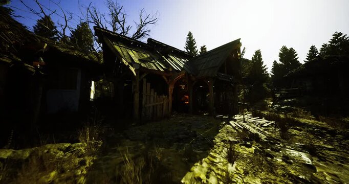 Sunlit overgrown village street at dusk, wild grass shimmering under low sun, dilapidated cottages and leaning timber fences lining uneven cobblestone path,