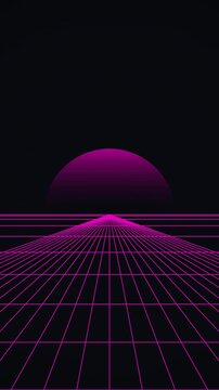 Retro Futuristic Grid Landscape With Neon Sunset