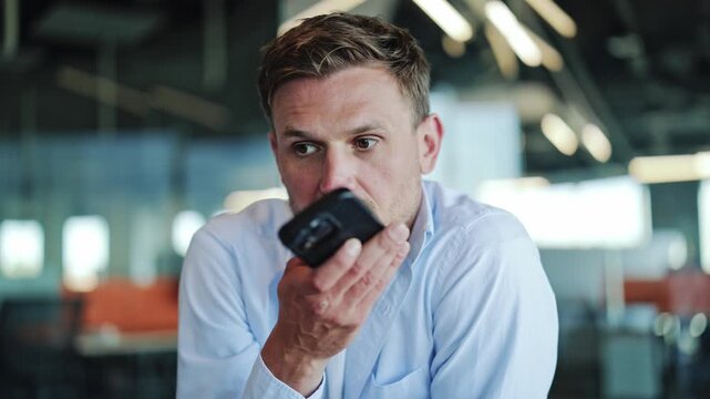 Businessman Recording Voice Message on Smartphone in Modern Office
