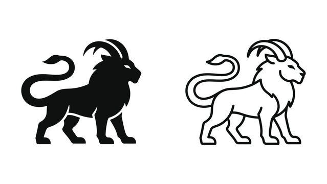 Capricorn Zodiac Symbol: A stylized depiction of the Capricorn zodiac sign, presented as both a solid black silhouette and a clean white outline, representing the celestial goat-fish creature.
