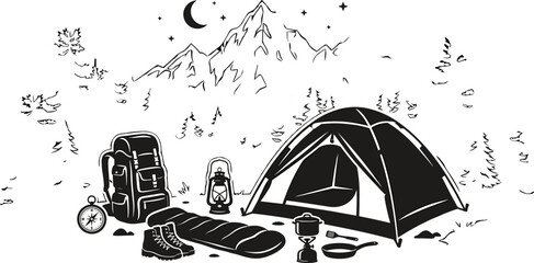 Obraz premium Camping gear illustration depicts a tent backpack and mountainous landscape