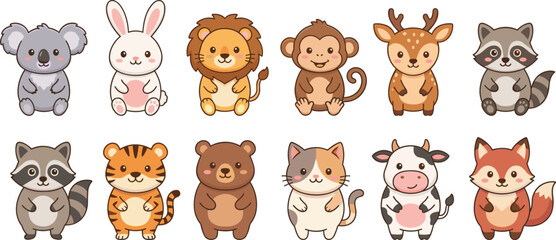 Fototapeta premium Cute Cartoon Baby Animal Vector Icon Set with Lion, Tiger, Bear, Cow, Fox, Koala, Rabbit, Monkey, Deer, and Raccoon Characters for Kids Stickers