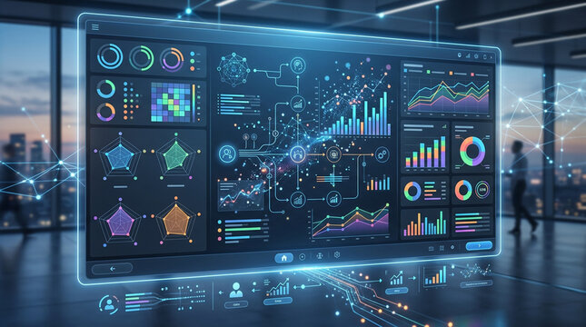 Complex data visualization display with charts and network connections futuristic style