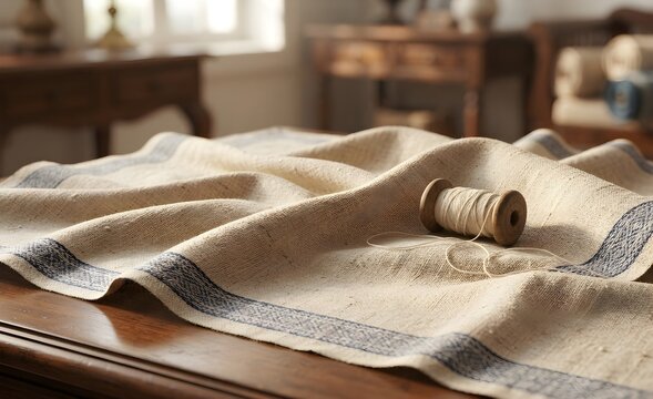 Hyper-realistic ultra-high-definition macro photograph of natural handwoven Khadi Cotton fabric with visible slubs and artisanal texture, artfully draped on a polished antique wooden table with an old