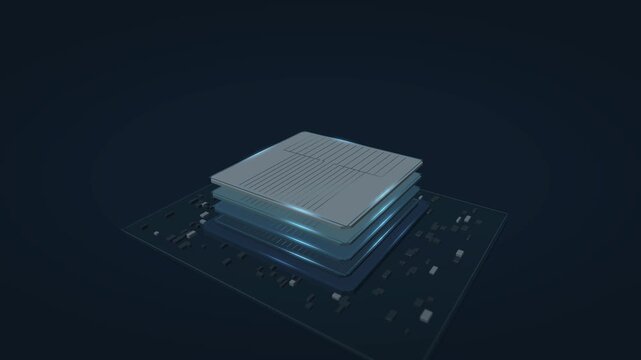Four silicon layers separate above a processor package, revealing fine vertical interconnects while a rising orbit camera reveals their stacked construction in a fifteen second animation.